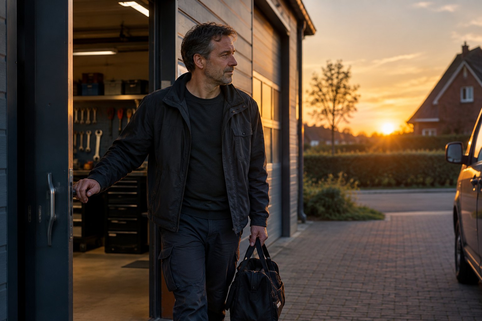 Ondernemer sluit aan het eind van de dag zijn werkplaats af en loopt naar huis, in avondlicht