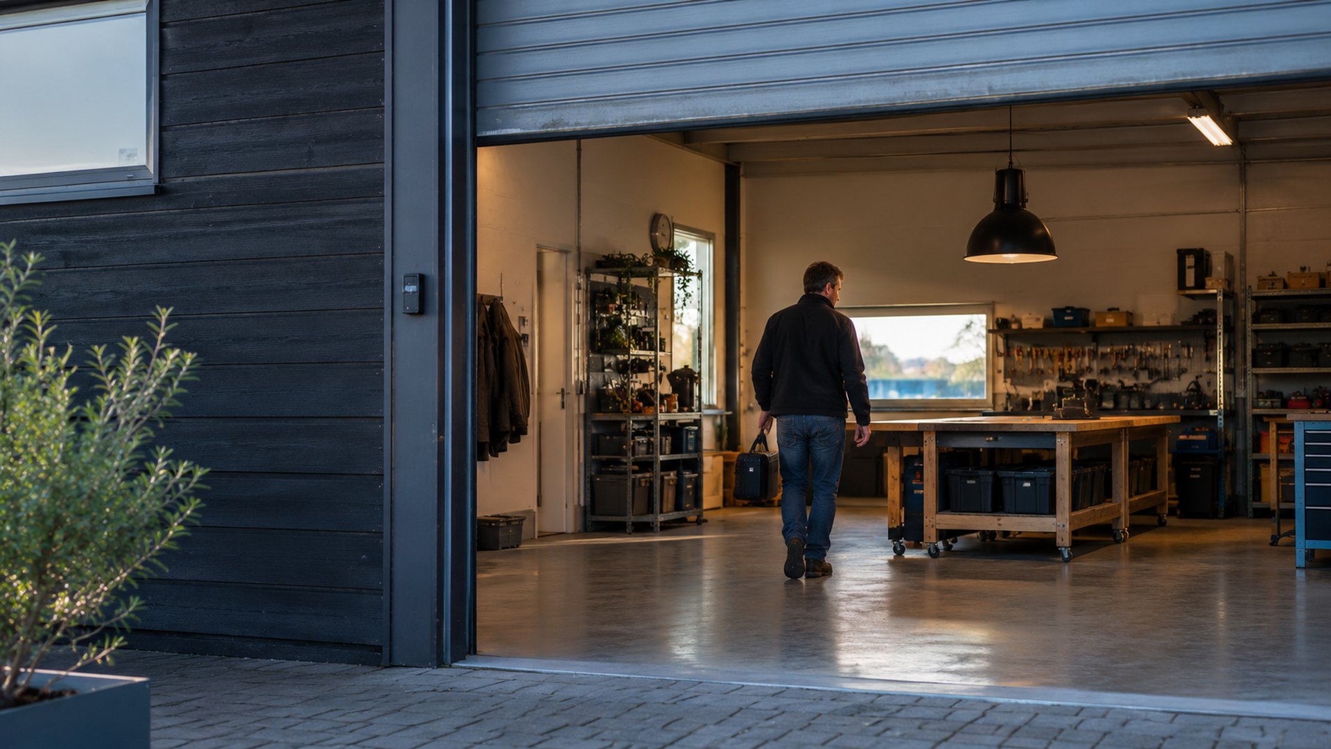 Ondernemer loopt zijn werkplaats binnen, de roldeur staat open