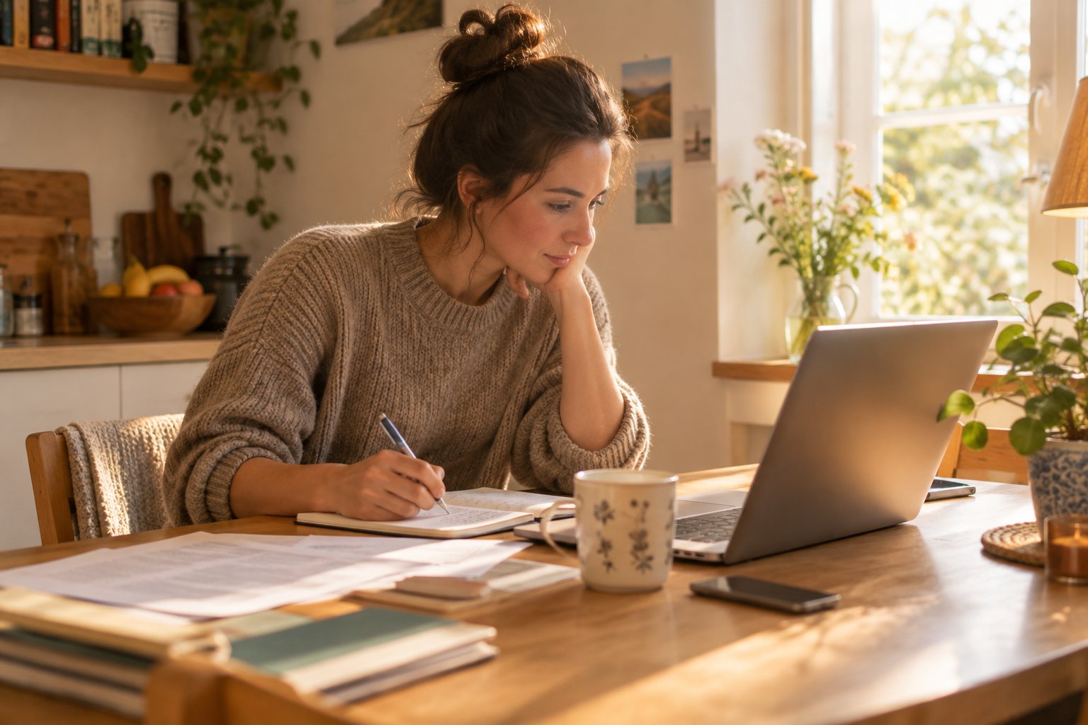 Onderneemster aan de keukentafel werkt haar cijfers bij, met haar laptop en papieren voor zich