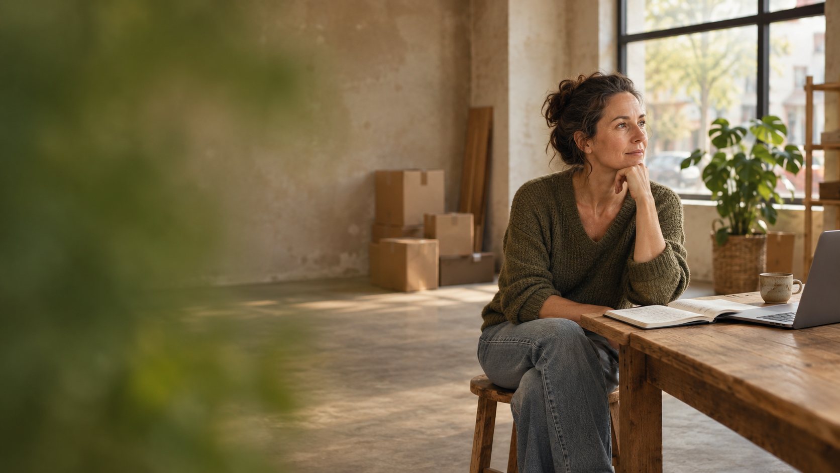 Vrouw aan een houten tafel in een lege ruimte die haar zaak gaat worden, met een schrift en een laptop