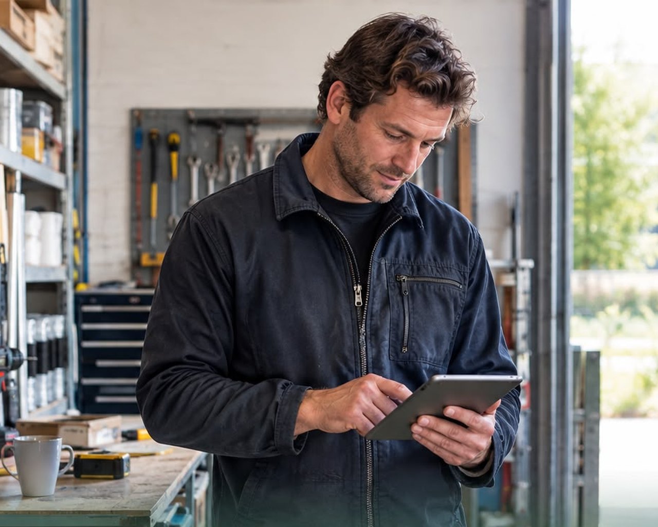 Ondernemer bekijkt zijn gegevens op een tablet, staand in zijn eigen werkplaats