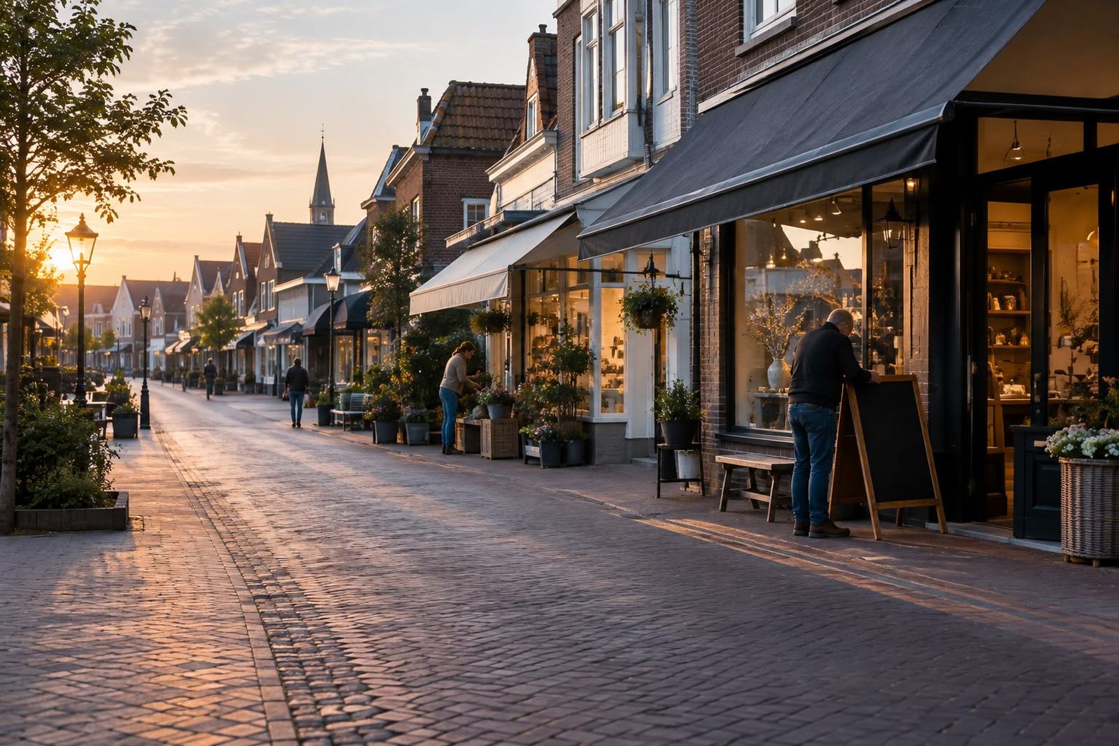 Dorpse winkelstraat in de vroege ochtend, ondernemers openen hun zaak