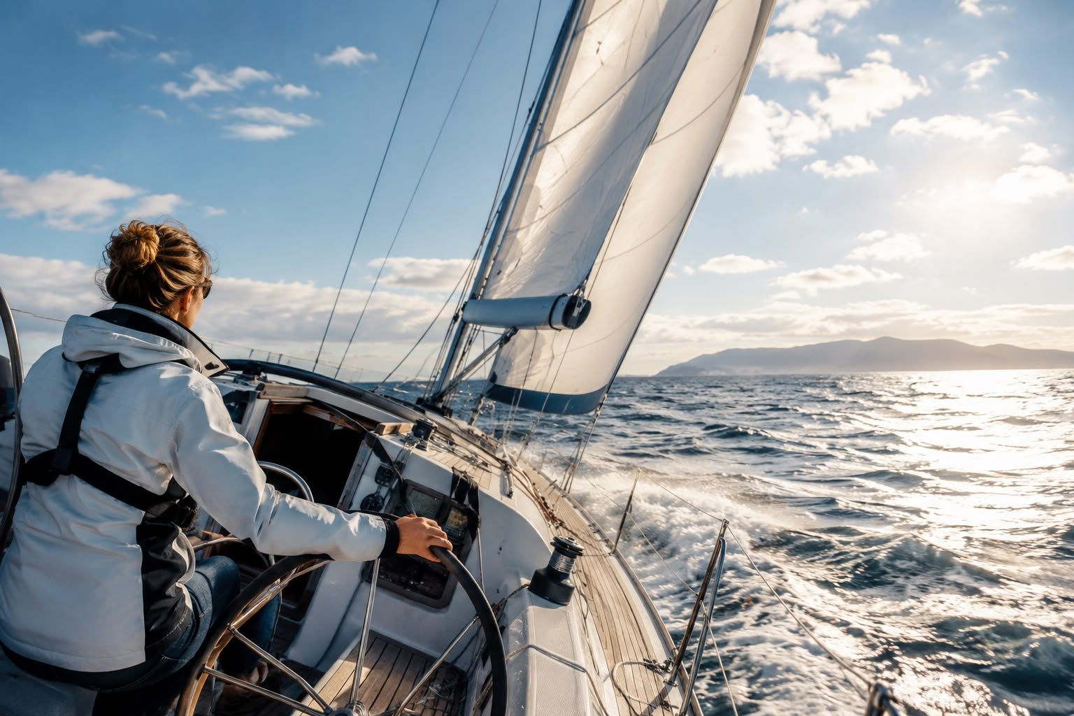 Zeilster aan het roer terwijl de boot door de golven snijdt