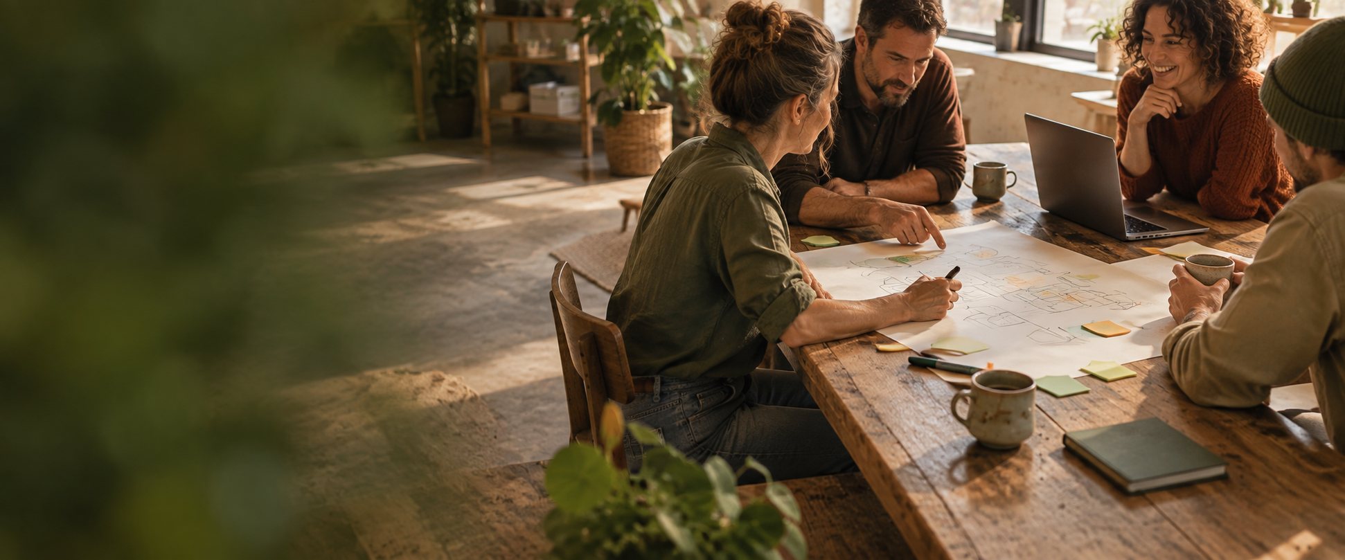 Vier ondernemers aan een lange houten tafel, bogen samen over een grote schets met notitiebriefjes, met koffie en een laptop